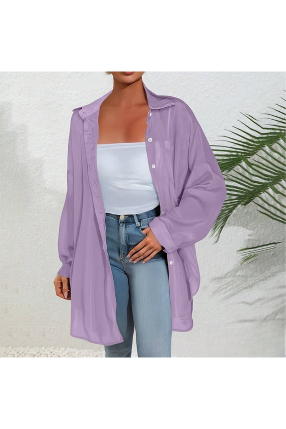 Women's Pearl Sheer UPF 50+ Sun Protection Long Sleeve Shirt, Lightweight See-Through Cover Up, Casual Loose Fit Button Down Beach Tunic Top for Summer