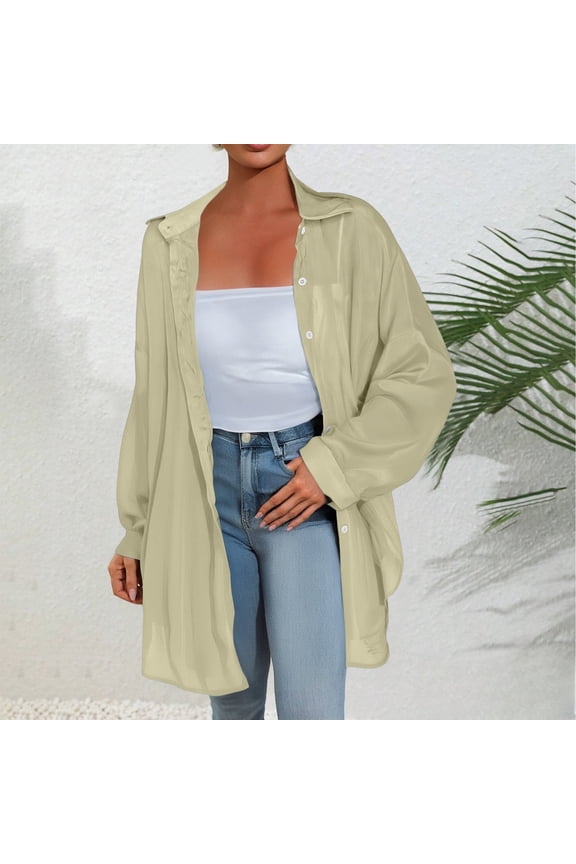 Women's Pearl Sheer UPF 50+ Sun Protection Long Sleeve Shirt, Lightweight See-Through Cover Up, Casual Loose Fit Button Down Beach Tunic Top for Summer