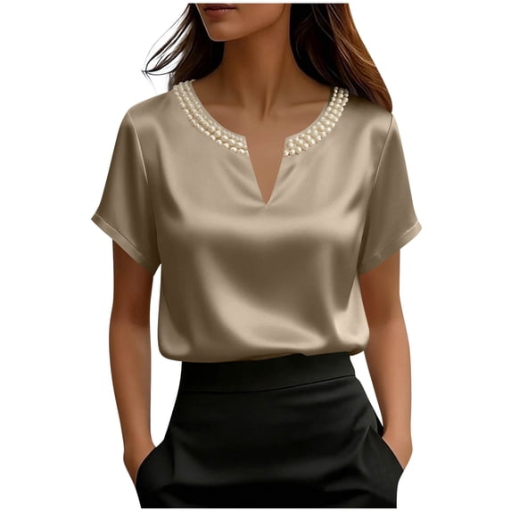 Women's Pearl Trim Satin Short Sleeve Blouse, V-Neck Elegant Top, Smooth Silky Shirt for Parties,office Rose Gold S(S)