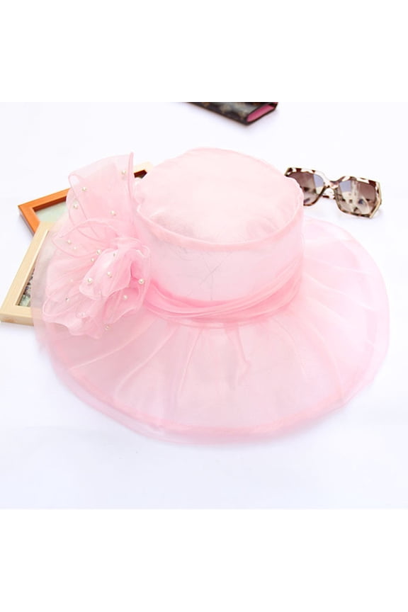 Women's Pearl Veil Fascinator Hat, Vintage Lace Flower Wedding Hat for Bride, Church Tea Party Bridal Shower Hat, Wide Brim Mother of the Bride Hat and Formal Occasion Hair Accessory-Pink