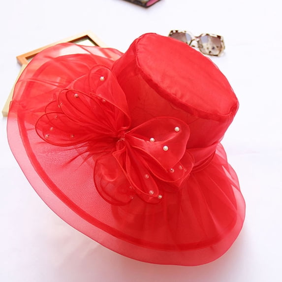 Women's Pearl Veil Fascinator Hat, Vintage Lace Flower Wedding Hat for Bride, Church Tea Party Bridal Shower Hat, Wide Brim Mother of the Bride Hat and Formal Occasion Hair Accessory-Red