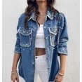thumbnail image 1 of Women's Pearls Denim Jacket Cropped Rhinestones Jean Blazer Coat,Sequin Long Sleeve Rhinestone Denim Jackets, 1 of 7