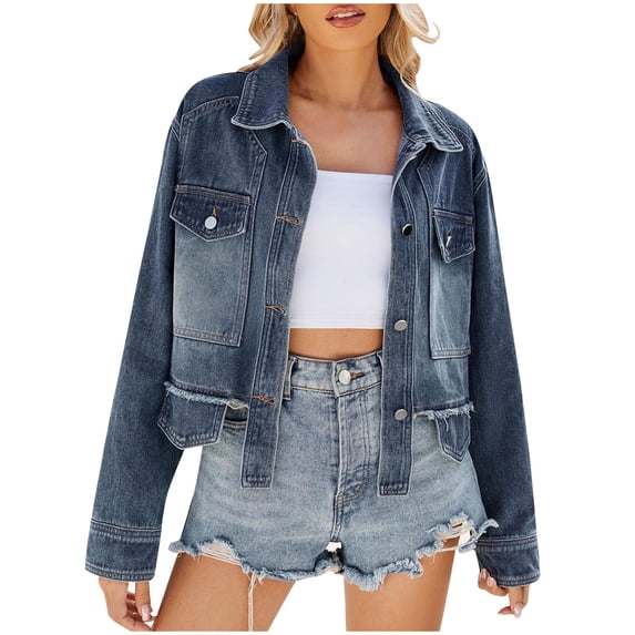 Women's Pearls Rivet Decor Denim Jacket Casual Loose Short Jean Coat Lapel Button Down Moto Outerwear