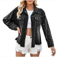 thumbnail image 1 of Women's Pearls Rivet Decor Denim Jacket Casual Loose Short Jean Coat Lapel Button Down Moto Outerwear, 1 of 9