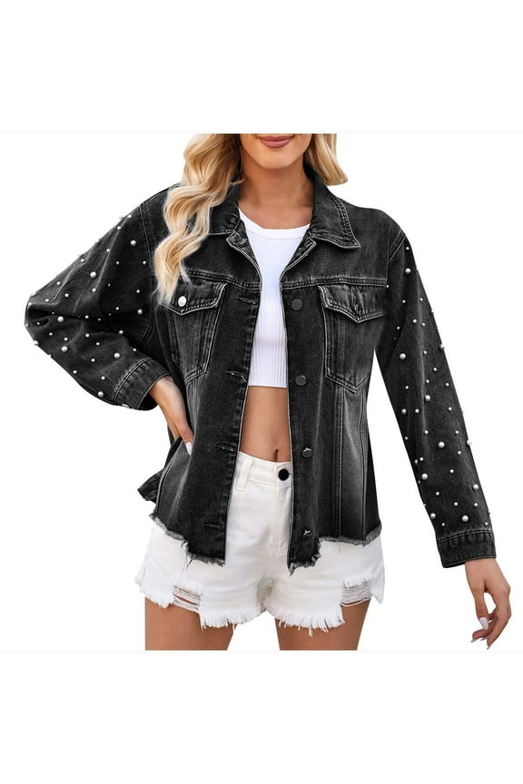 Women's Pearls Rivet Decor Denim Jacket Casual Loose Short Jean Coat Lapel Button Down Moto Outerwear
