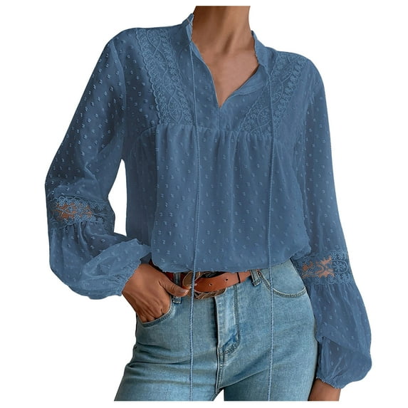 Women's Peasant Blouses Lace Boho Tops Long Sleeve Tie Front Dressy Casual Sheer Tunic Shirt