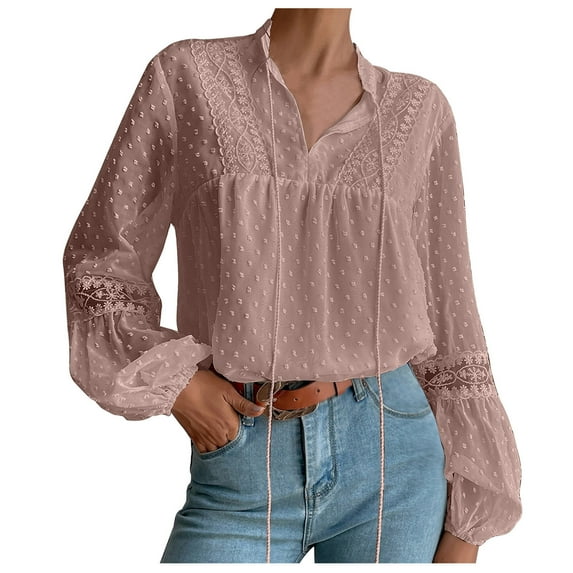 Women's Peasant Blouses Lace Boho Tops Long Sleeve Tie Front Dressy Casual Sheer Tunic Shirt