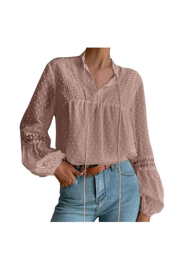 Women's Peasant Blouses Lace Boho Tops Long Sleeve Tie Front Dressy Casual Sheer Tunic Shirt