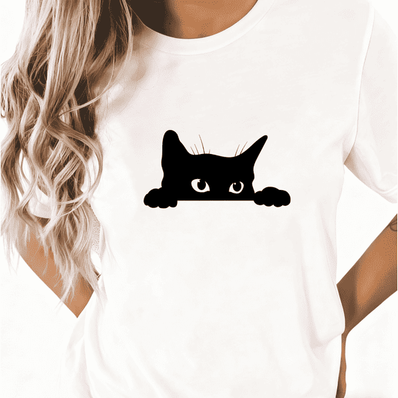 Women's Peeking Black Cat Breathable Tee Casual Top Minimalist Feline Graphic Short Sleeve Round Neck White S-5XL