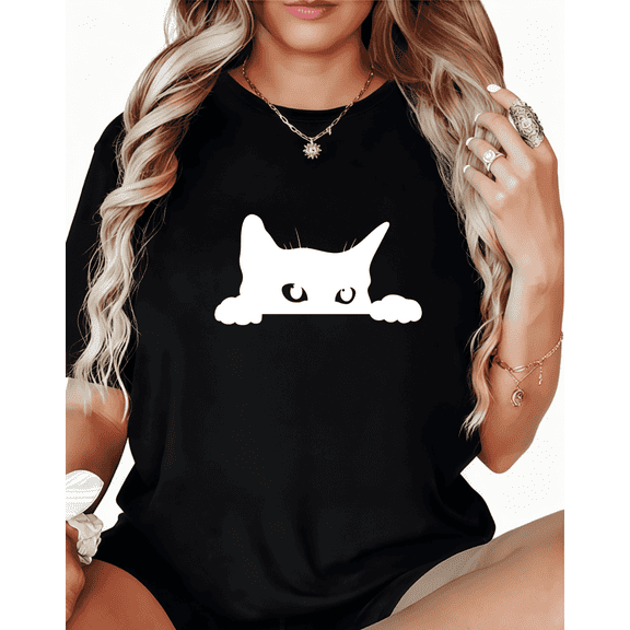 Women's Peeking White Cat Cotton Tee Casual Top Minimalist Cat Graphic Short Sleeve Round Neck Black S-5XL
