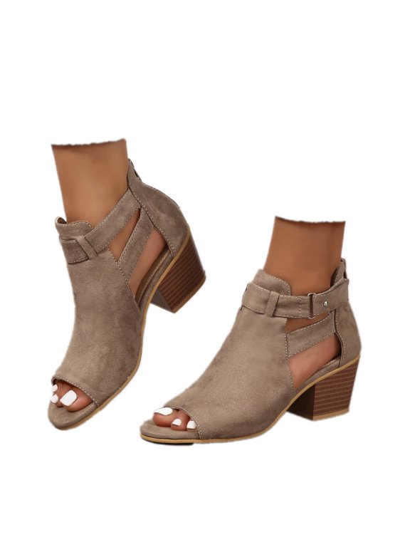 Women's Peep Toe Ankle Booties Suede Chunky Heels Cutout Back Zipper Sandals Ankle Strap Dress Sandals