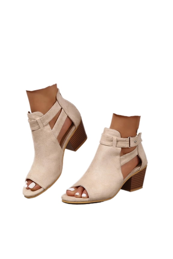 Women's Peep Toe Ankle Booties Suede Chunky Heels Cutout Back Zipper Sandals Ankle Strap Dress Sandals