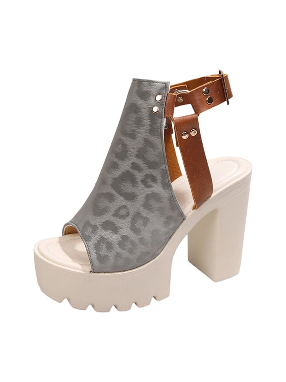 Women's Peep Toe Chunky High Heel Platform Sandals with Buckle Strap Fashion Leopard Printed Non Slip Party Dressy Shoes Gray Size 6