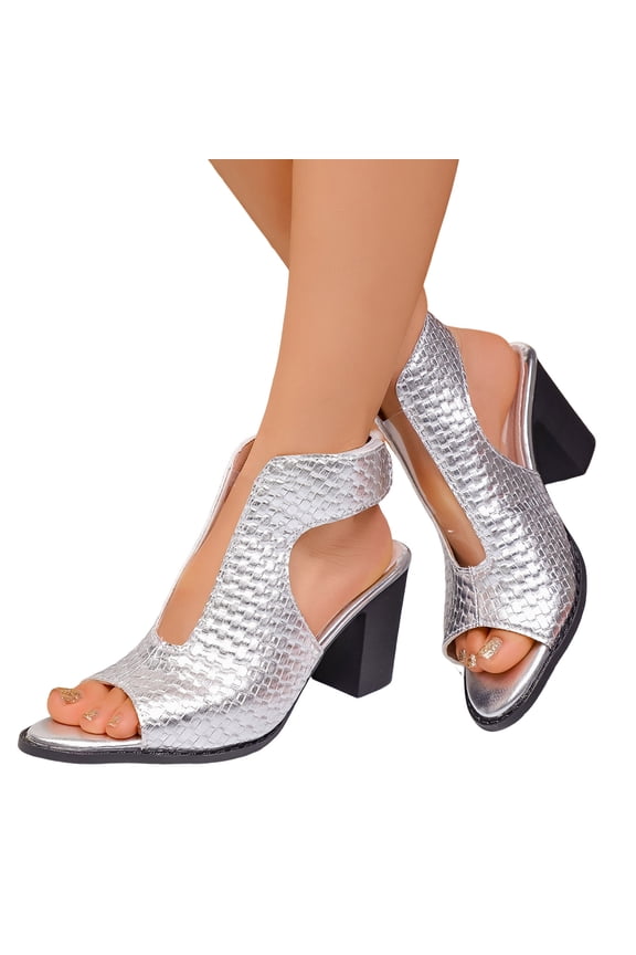 Women's Peep Toe Heeled Sandals Non Slip Chunky High Heel Slides Ankle Back Strap Cut Out High Top Dress Shoes Silver Size 8