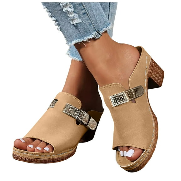 Women's Peep Toe Mules Dressy Slides Sandals Fashion Platform Chunky High Heels Summer Clogs Slip on