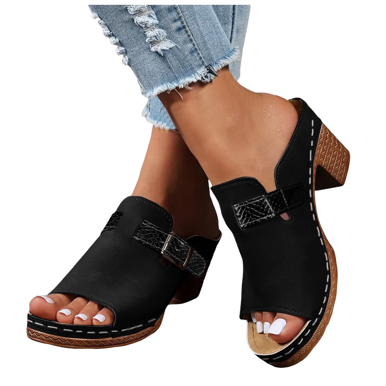 Women's Peep Toe Mules Dressy Slides Sandals Fashion Platform