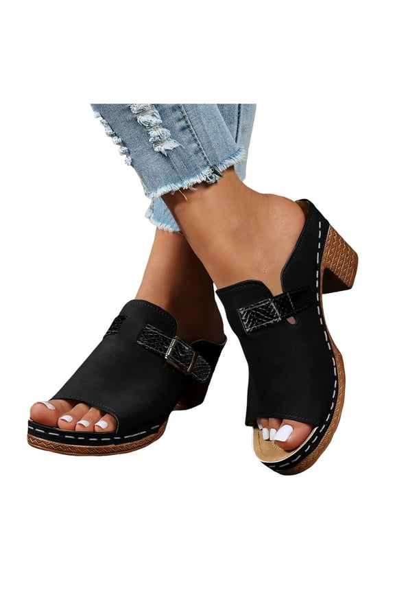 Women's Peep Toe Mules Dressy Slides Sandals Fashion Platform Chunky High Heels Summer Clogs Slip on