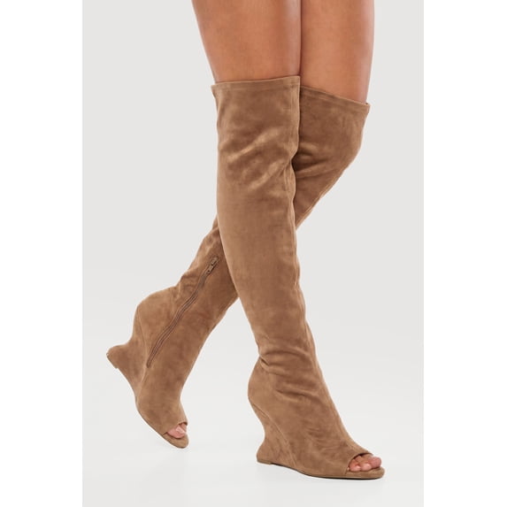 Women's Peep Toe Over The Knee Wedge Boots