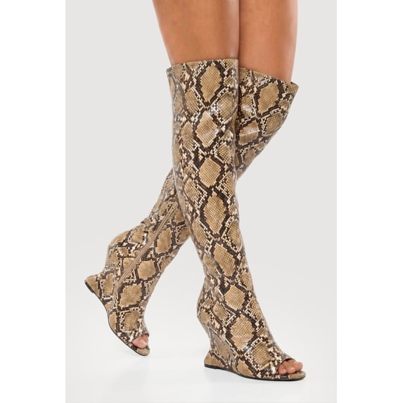 Women's Peep Toe Over The Knee Wedge Boots