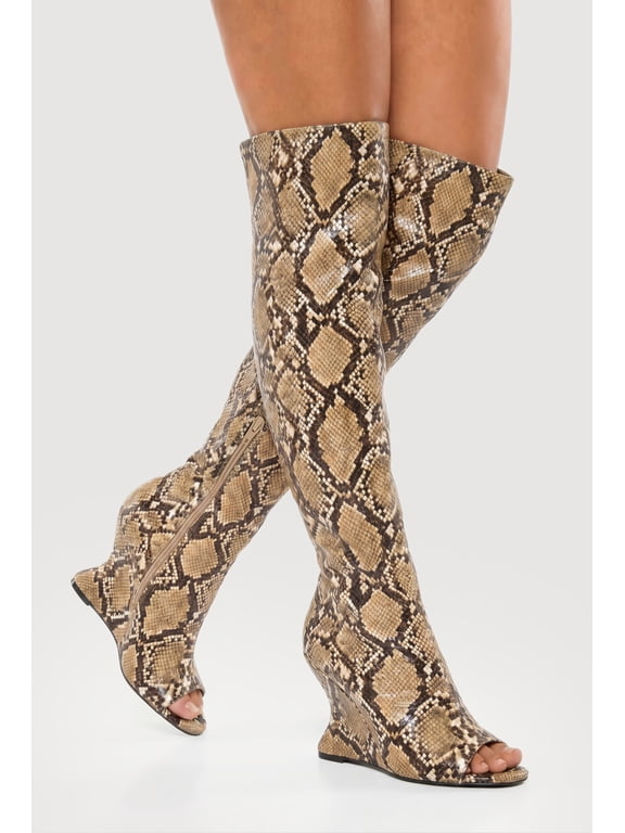 Women's Peep Toe Over The Knee Wedge Boots