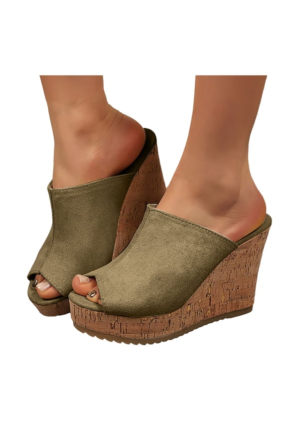 Women's Peep Toe Platform Sandals Cork Wedge Lightweight Canvas Mules Comfortable Slip On Dress Summer Slides Shoes AG Size 8.5