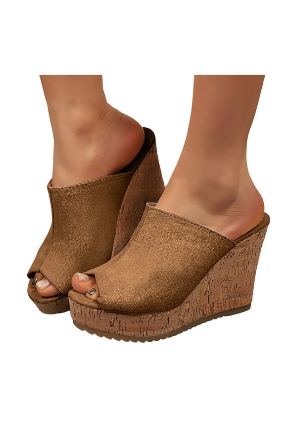 Women's Peep Toe Platform Sandals Cork Wedge Lightweight Canvas Mules Comfortable Slip On Dress Summer Slides Shoes Brown Size 6