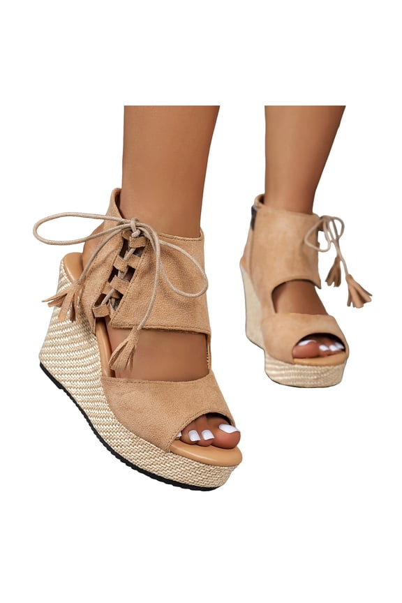 Women's Peep Toe Wedge Sandals Vintage Suede High Top Platform Sandal Tassel Lace Up Summer Heels Dress Shoes Beige Size 9