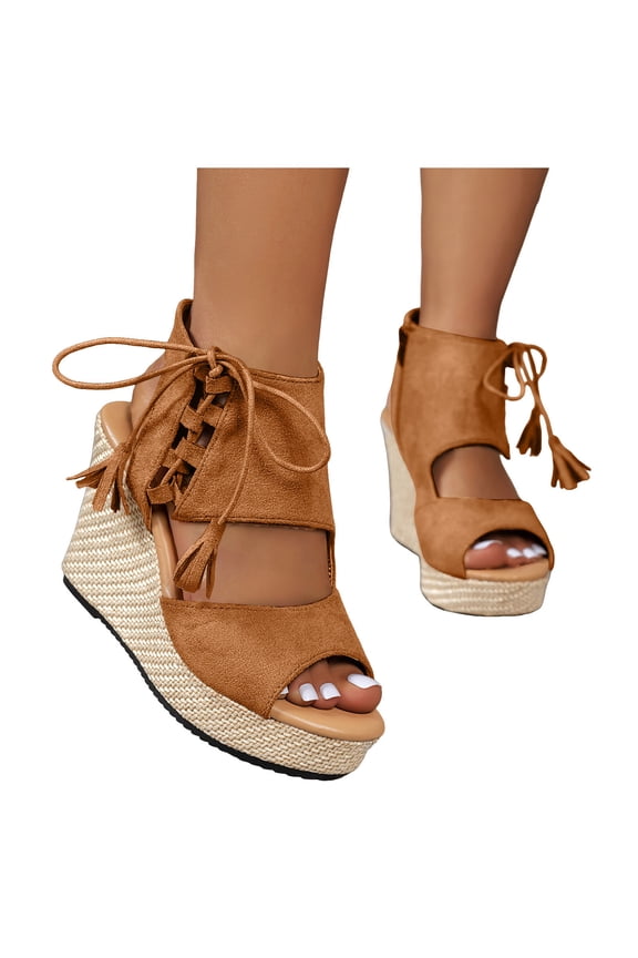 Women's Peep Toe Wedge Sandals Vintage Suede High Top Platform Sandal Tassel Lace Up Summer Heels Dress Shoes Brown Size 8