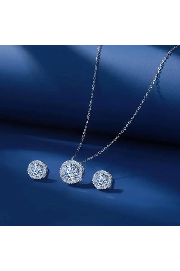 Women's Pendant Necklace & Stud Earring Set 14K White Gold Plated 2Ct Round Cut Simulated Diamond
