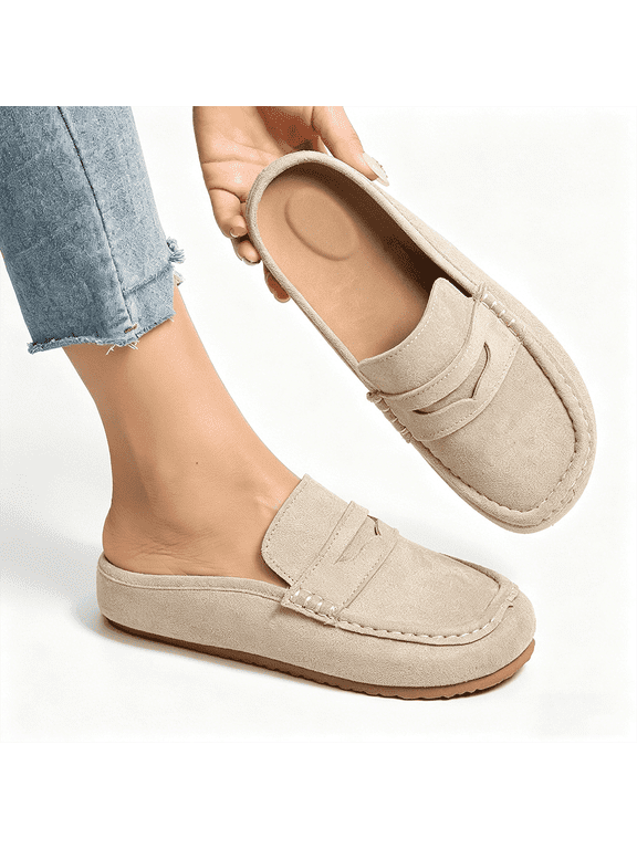Women's Penny Loafer Mule Clogs, Slip-On Faux Suede Comfort Shoes, Casual Backless Loafers
