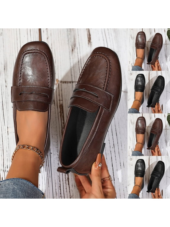 Women's Penny Loafers, Faux Leather Square Toe Slip-On Flats, Comfortable Soft Sole Moccasins, Breathable Wide Width Casual Dress Shoes for Daily Work Outdoor, Black/Brown