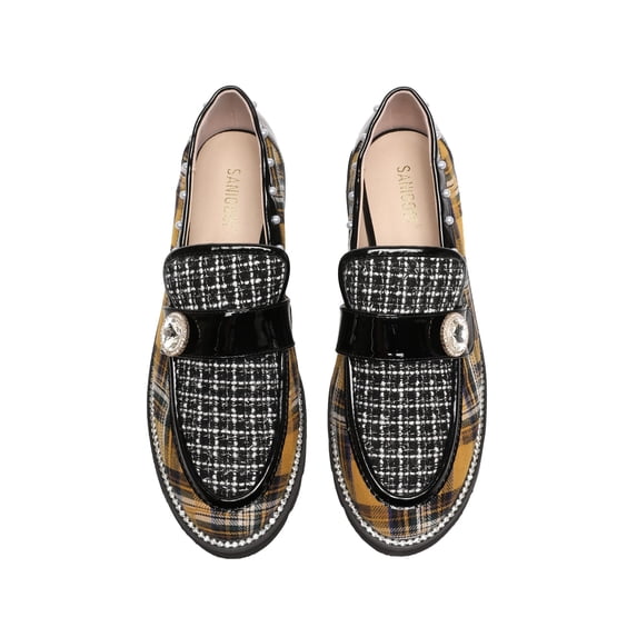 Women's Penny Loafers Plaid Lug Sole Sparkly Rhinestones Pearl Slip on Memory Foam