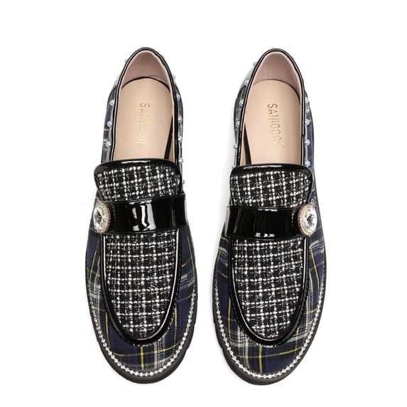 Women's Penny Loafers Plaid Lug Sole Sparkly Rhinestones Pearl Slip on Memory Foam