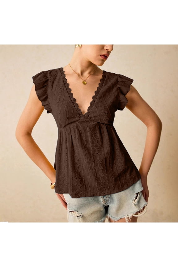 Women's Peplum Blouse Tops Going Out Summer Lace Trimmed Top V Neck Ruffled Sleeve Flared Eyelet Shirts Brown 2XL