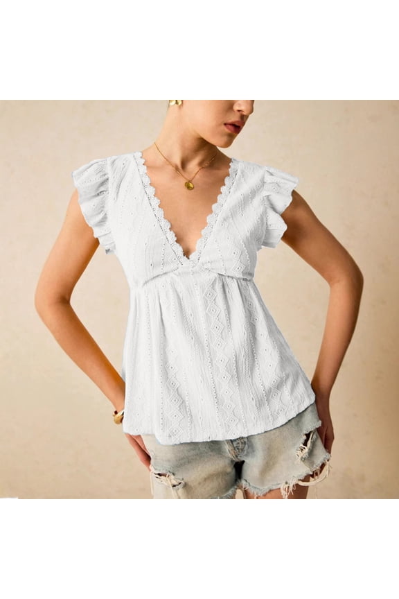 Women's Peplum Blouse Tops Going Out Summer Lace Trimmed Top V Neck Ruffled Sleeve Flared Eyelet Shirts White XL