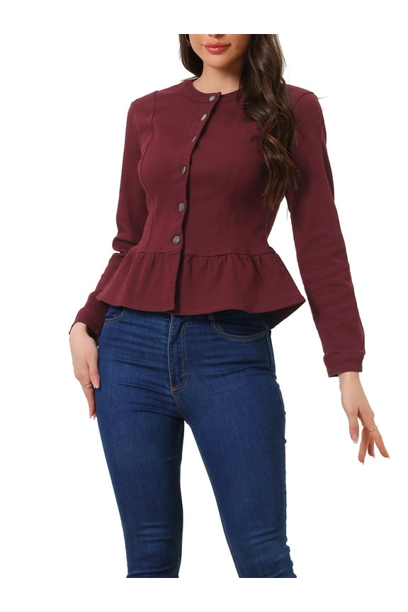 Women's Denim Jackets Button Down Peplum Hem Long Sleeves Cropped Jean Jacket XL Burgundy