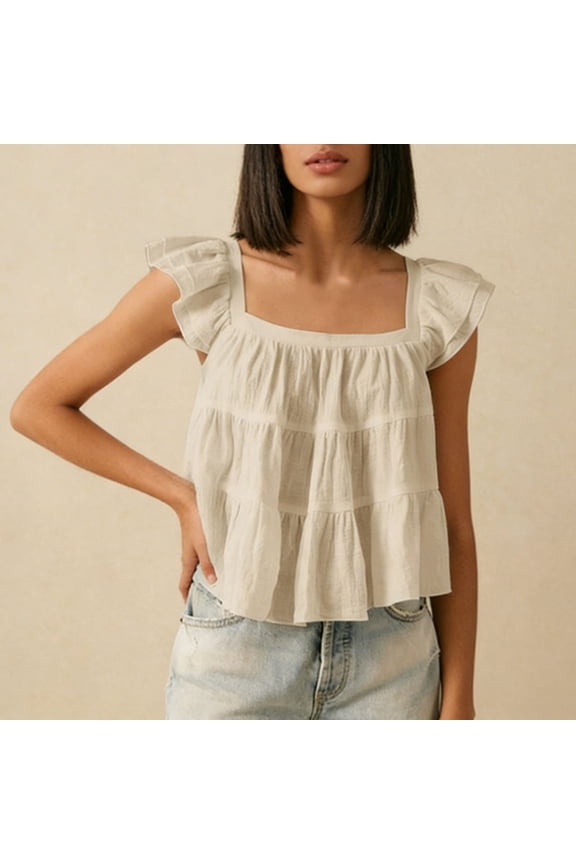 Women's Peplum Cropped Tops Cute Ruffle Solid Color Cap Sleeve Blouses Breathable Lightweight Summer Casual Loose Shirts New White M