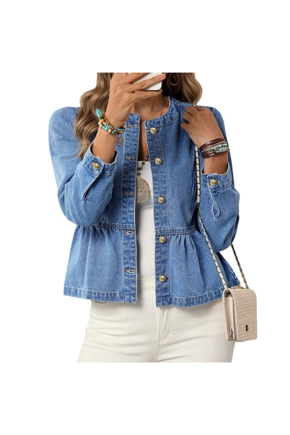 Women's Peplum Denim Jackets Collarless Round Neck Button Down Cropped Ruffle Hem Jacket Blue M