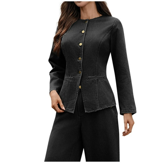 Women's Peplum Denim Jackets Round Neck Long Sleeve Retro Button Down Cropped Ruffle Hem Jacket
