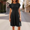 thumbnail image 1 of Women's Peplum Hem Midi Dress Short Sleeve Round Neck Solid Color Casual Dresses Black XL, 1 of 6