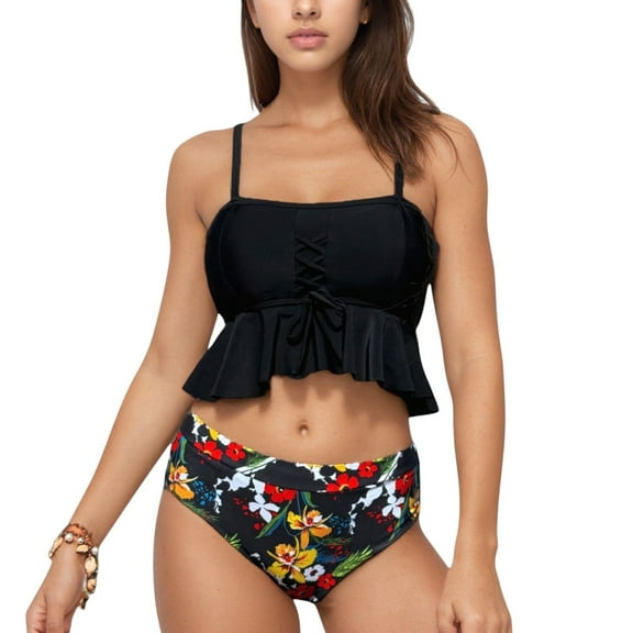 Women's Peplum Lace-Up Tankini Top and High Waist Floral Print Bikini Bottom Two-Piece Swimsuit - X Large, Black