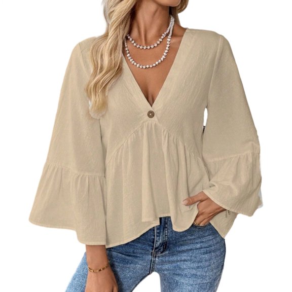 Women's Peplum Tops and Blouses V Neck 3/4 Ruffle Sleeve Babydoll Shirts Flowy Dressy Casual Basic Tops for Vacation benchmark
