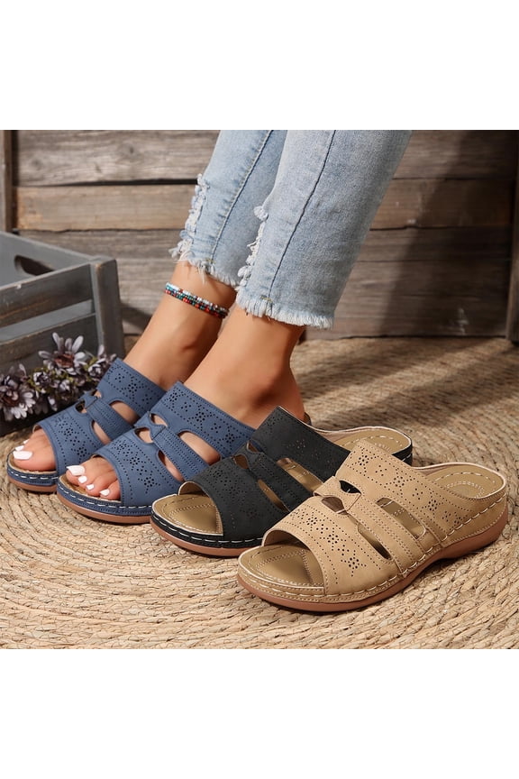 Women's Perforated Open Toe Wedge Heeled Mules, Plus Size Comfortable Wedge Heel Shoes for Spring Summer Wear