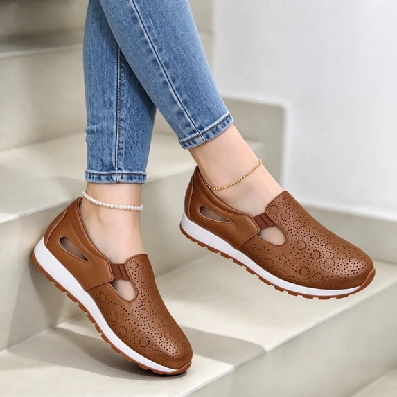 Women's Perforated Slip On Walking Shoes Cutout Faux Leather Round Toe ...
