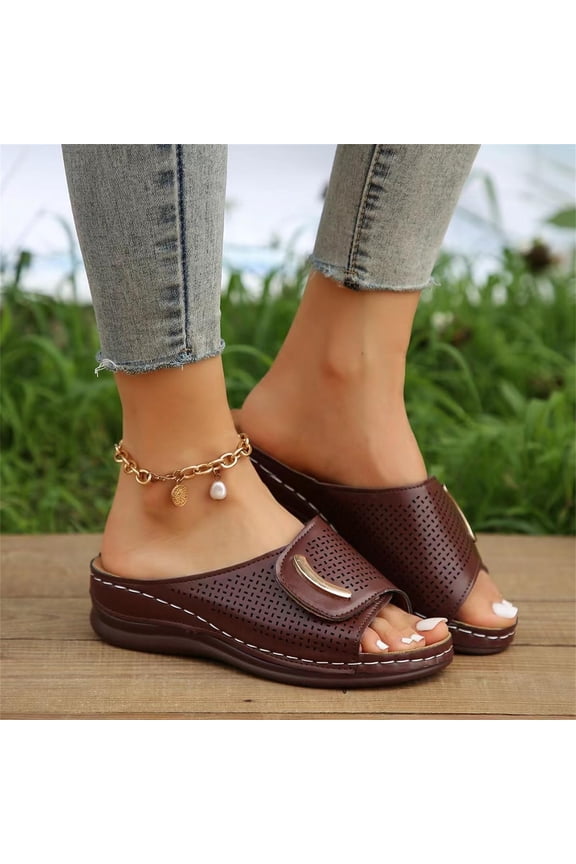 Women's Perforated Wedge Slide Sandals, Womens 2026 Sandals Orthotic Slip On Dressy Summer Orthopedic Peep Toe Hollow Out Adjustable Open Toe Arch Support Wedges Platform Slides Slippers, Wine 7