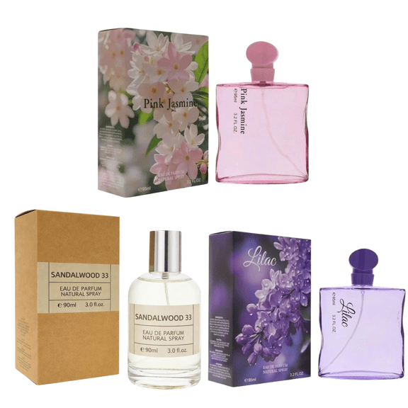 Womens Perfume Gift Set 3 Pack Eau de Parfum (3.03.2 oz Each) Long Lasting Floral & Fresh Fragrance Collection for Her Includes Pink Jasmine, Sandalwood 33 & Lilac