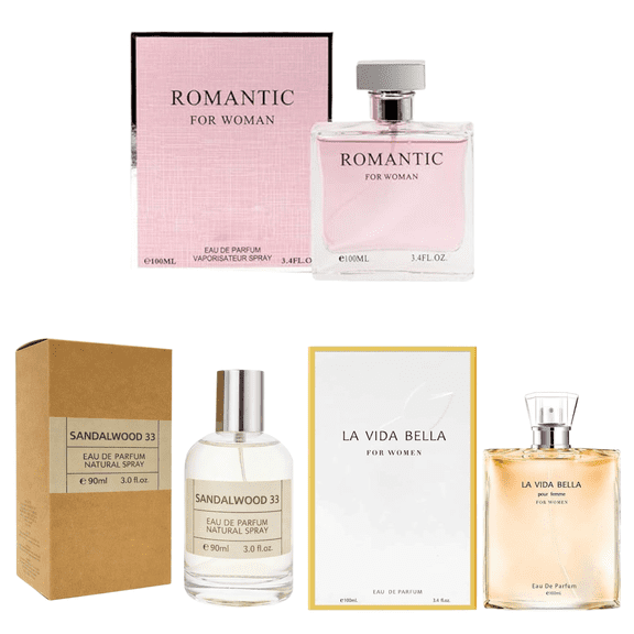 Womens Perfume Gift Set 3 Pack Eau de Parfum (3.03.4 oz Each) Long Lasting Floral & Warm Fragrance Collection for Her Includes Romantic, Sandalwood 33 & La Vida Bella