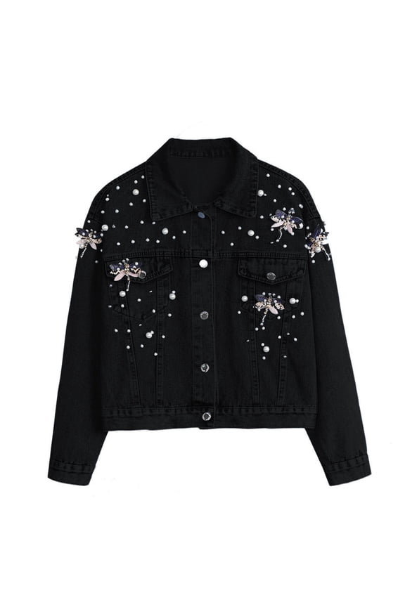 Women's Personality Jacket Glitter Jean Coat Vintage Design Denim Outwear Long Sleeve Overcoat Button Cardigan Lapel Neck Topcoat Fashion Trendy Coat(Black,M)