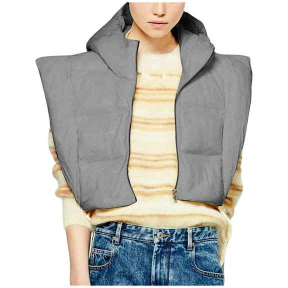 Women's Personality Jacket Winter Vest Puffer Jacket Cropped Hooded Overcoat Zip Down Shacket Jacket Sleeveless Topcoat Solid Design Outerwear