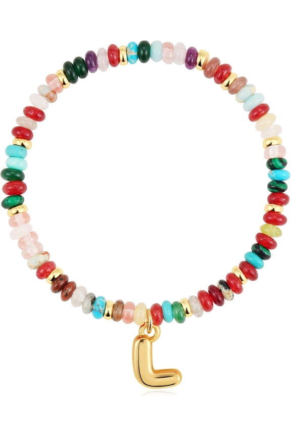 Women's Personalized Beaded Initial Bracelets Charm Rainbow Gemstone Colorful Summer Beach Jewelry